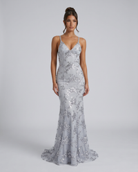 Floral Sequin Formal Maxi Dress with V-Neck