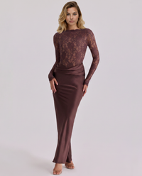 Long-Sleeve Satin Maxi Dress with Lace Bodice