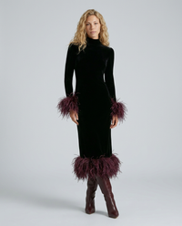 Long-Sleeve Velvet Maxi Dress with Feather Trim