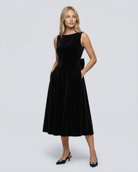 Velvet Midi Dress with Open Back and Bow Detail