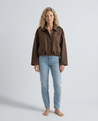 Women's Cropped Zip-Up Suede Bomber Jacket with Ribbed Trim