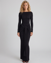 Ruched Long-Sleeve Maxi Dress with Wide-Neck