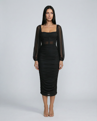 Ruched Long-Sleeve Midi Dress with Square-Neck