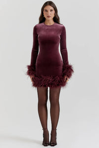 Long-Sleeve Velvet Mini Dress with Feather Trim