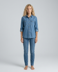 Long-Sleeve Denim Set Shirt with Button-Up for Women