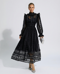 Long-Sleeve Lace Midi Dress with High-Neck