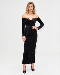Off-Shoulder Velvet Maxi Dress with Lace Trim