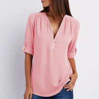 Refined Zip Front V Neck Roll Sleeve Work Blouse Office Top