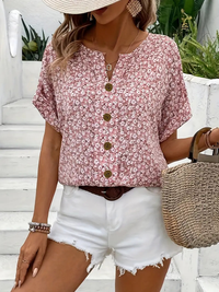 Effortless Floral Button Front Blouse Short Sleeve Top