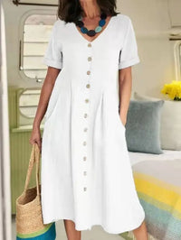 Effortless button front linen midi dress with relaxed shirt fit