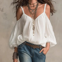 Effortless off shoulder boho blouse with flowy V neck bubble sleeves