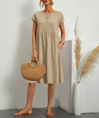 Relaxed linen midi dress with pockets short sleeve casual dress