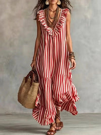 Effortless striped maxi dress ruffle V neck sleeveless beach dress