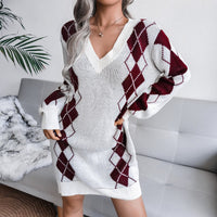 Relaxed Printed V Neck Knit Sweater Dress