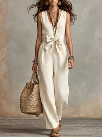 Elegant linen jumpsuit wide leg tie waist sleeveless V neck