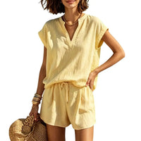 Effortless linen shorts set two piece notch neck matching set