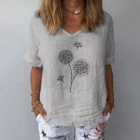 Effortless botanical print linen blouse relaxed short sleeve top