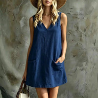 Relaxed linen mini dress with pockets sleeveless A line casual dress