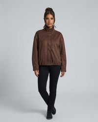 Women's Brown Cropped Zip-Up Suede Bomber Jacket with High-Neck