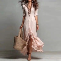 Elegant ruffle hem maxi dress button front collared long sleeve dress