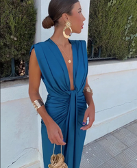 Effortless Soft Pleated Midi Dress V Neck