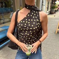 Stylish Scarf Neck Polka Dot Halter Top Backless Summer Top