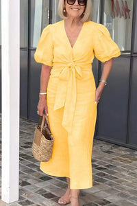 Elegant tie waist midi dress puff sleeve V neck party dress