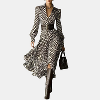 Elegant geometric print maxi dress belted long sleeve work dress