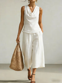 Elegant cowl neck top and wide leg trousers two piece set