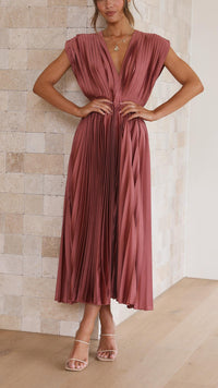 Elegant Pleated V Neck Maxi Wedding Guest Dress