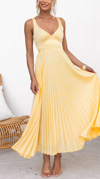 Elegant Pleated V Neck Maxi Dress Crisscross Back