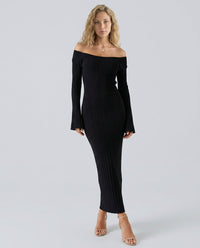 Long-Sleeve Bodycon Midi Dress with Off-Shoulder
