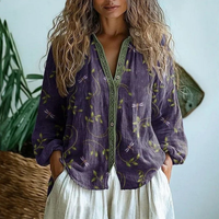 Relaxed Contrast Trim Button Down Vintage Top Long Sleeve Blouse