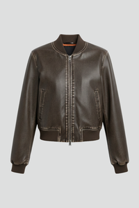 Women's Brown Zip-Up Leather Bomber Jacket with Ribbed Trim