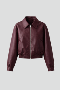 Women's Zip-Up Leather Bomber Jacket with Point Collar