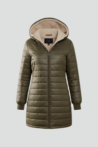 Women's Long Hooded Puffer Jacket with Fleece Lining and Zip-Up