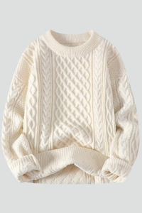 Women's Cable Knit Sweater with Crew-Neck and Ribbed Trim