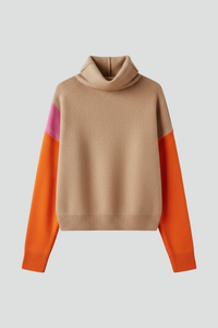 Women's Oversized Knit Sweater with High-Neck and Ribbed Trim