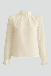 Textured Long-Sleeve Top with Pleated Neckline for Women