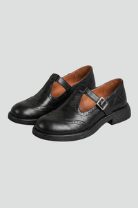 Perforated Round-Toe Mary Jane Shoes with Buckle Strap