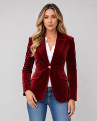 Women's Single-Button Velvet Blazer with Lapel-Collar