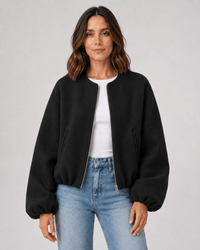 Women's Cropped Collarless Bomber Jacket with Balloon Sleeves
