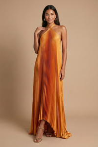 Elegant Pleated Halter Maxi Dress Open Back Tie Evening Gown