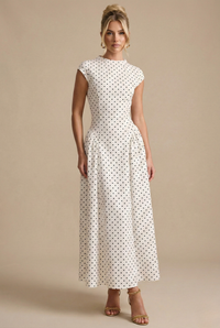 Elegant Polka Dot Maxi Dress High Neck Cap Sleeve A Line Dress