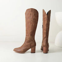 Elegant Embroidered Block Heel Knee High Cowboy Boots