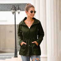Women's Hooded Rain Jacket with Drawstring Waist and Side Pockets