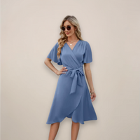Elegant Tie Waist Wrap Midi Cocktail Dress