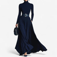 Elegant High Neck Belted Long Sleeve Fall Maxi Dress