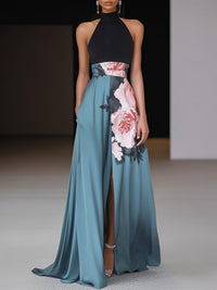 Elegant Floral A Line Maxi Dress Sleeveless Slit
