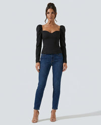 Cropped Knit Long-Sleeve Top with V-Neck for Women